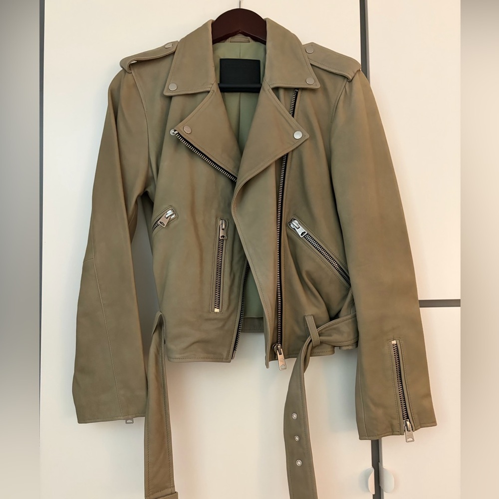 AllSaints Olive Leather Biker Jacket